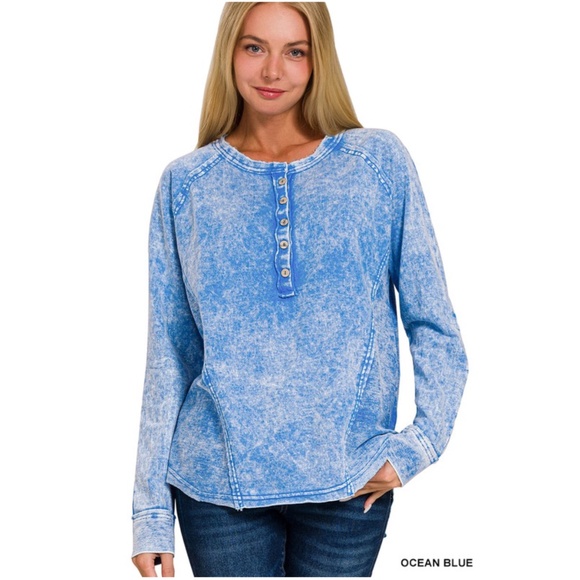 Vintage Wash Half Button Cotton Long Sleeve Top - Picture 2 of 3